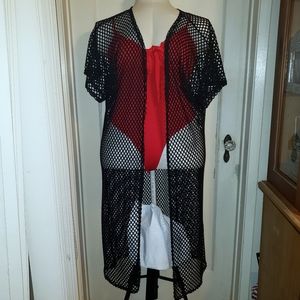 Plus Sz Black Open Weave mesh cover up kimono 3X